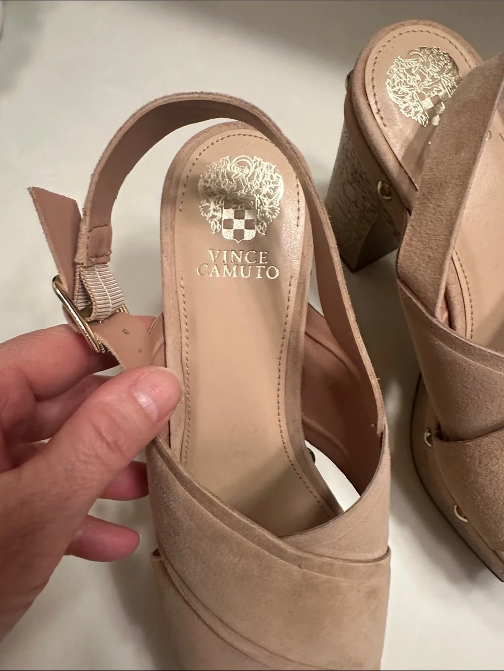 Vince Camuto Taupe Suede Crisscross Platform Sandals